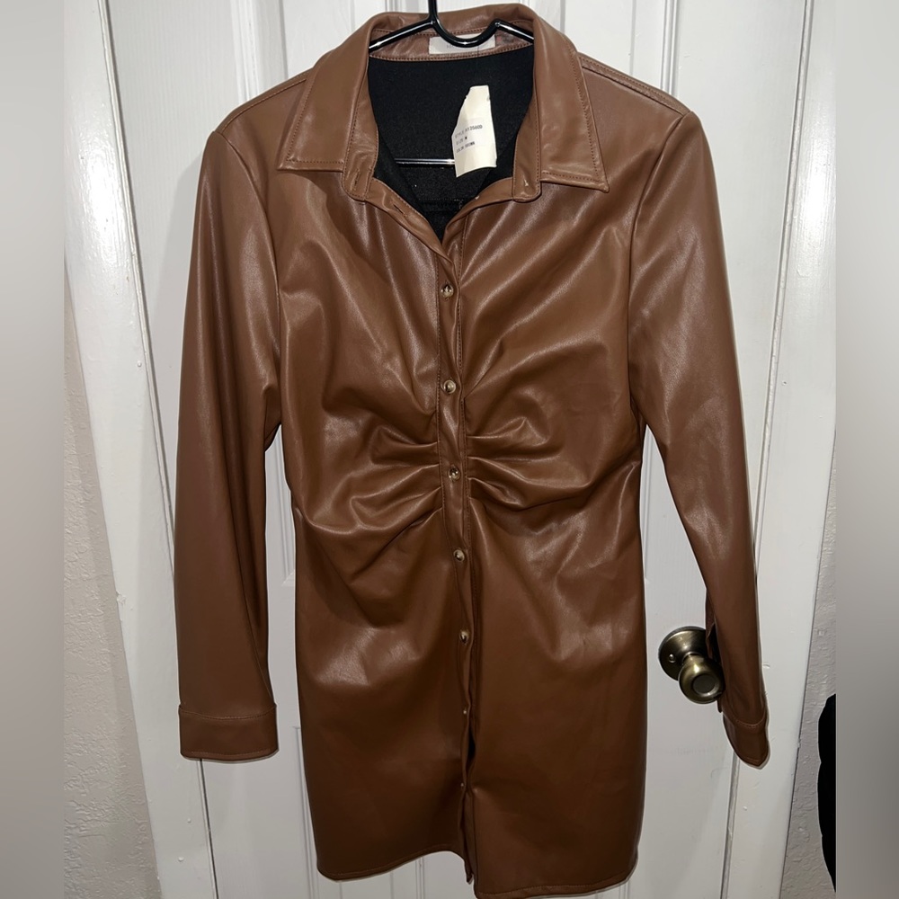 Brown faux leather ruched button down long sleeve knee length dress